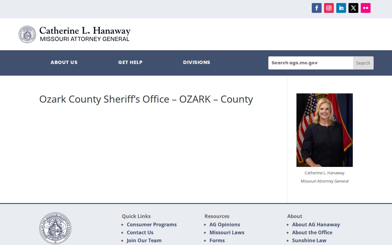 Missouri Attorney General directory entry for the Ozark County Sheriff's Office