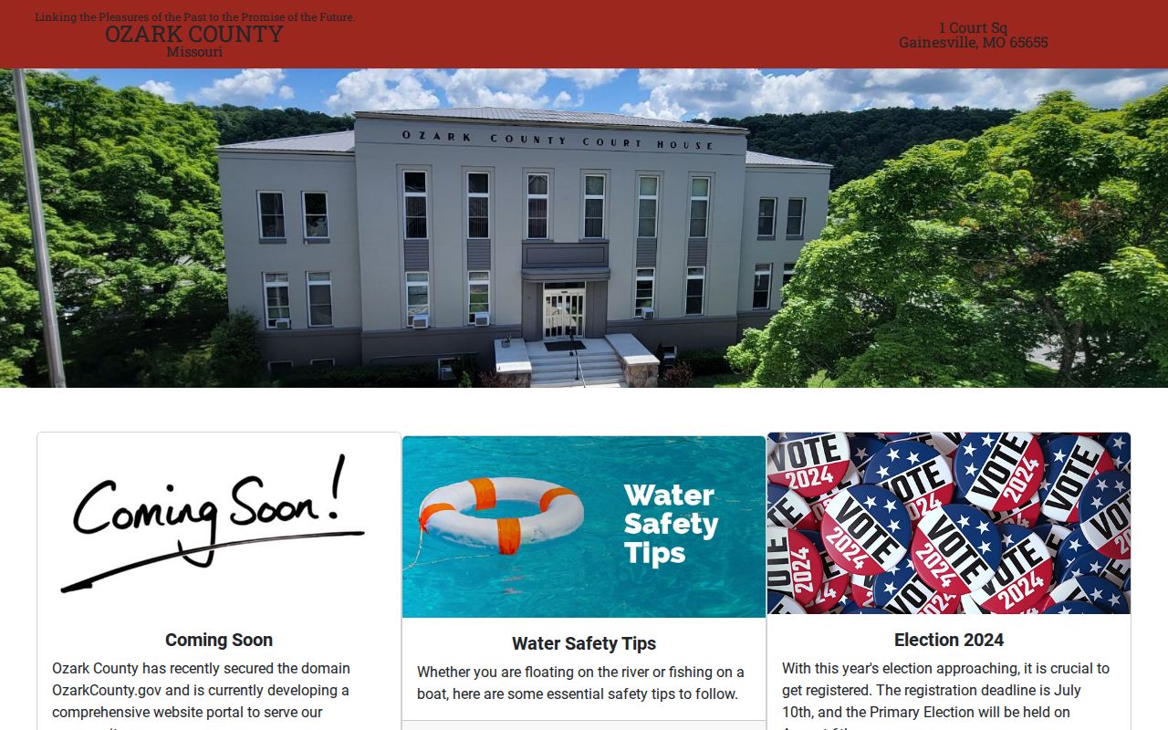 Official Ozark County government portal showing the Gainesville courthouse