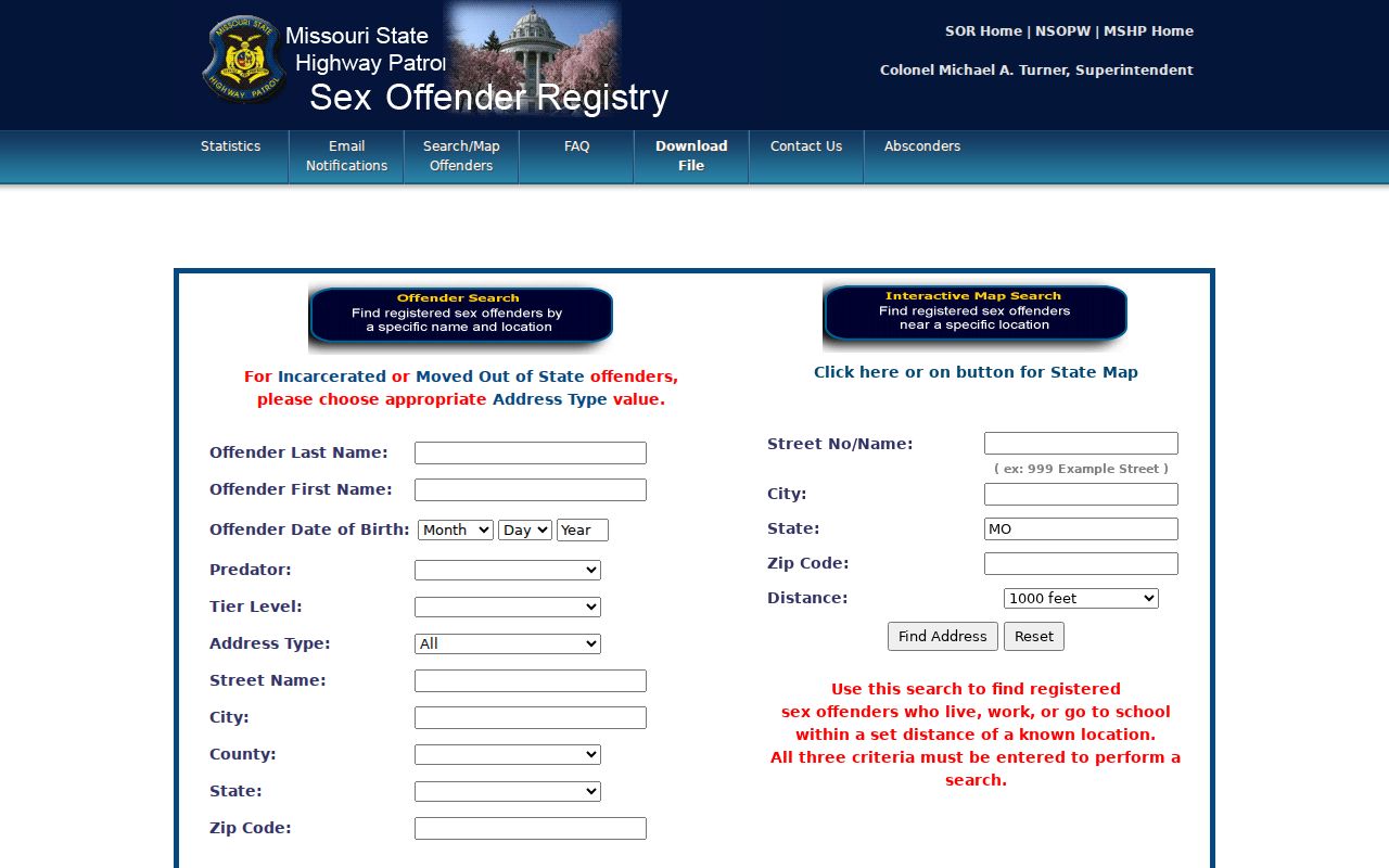 Missouri Sex Offender Registry official search interface