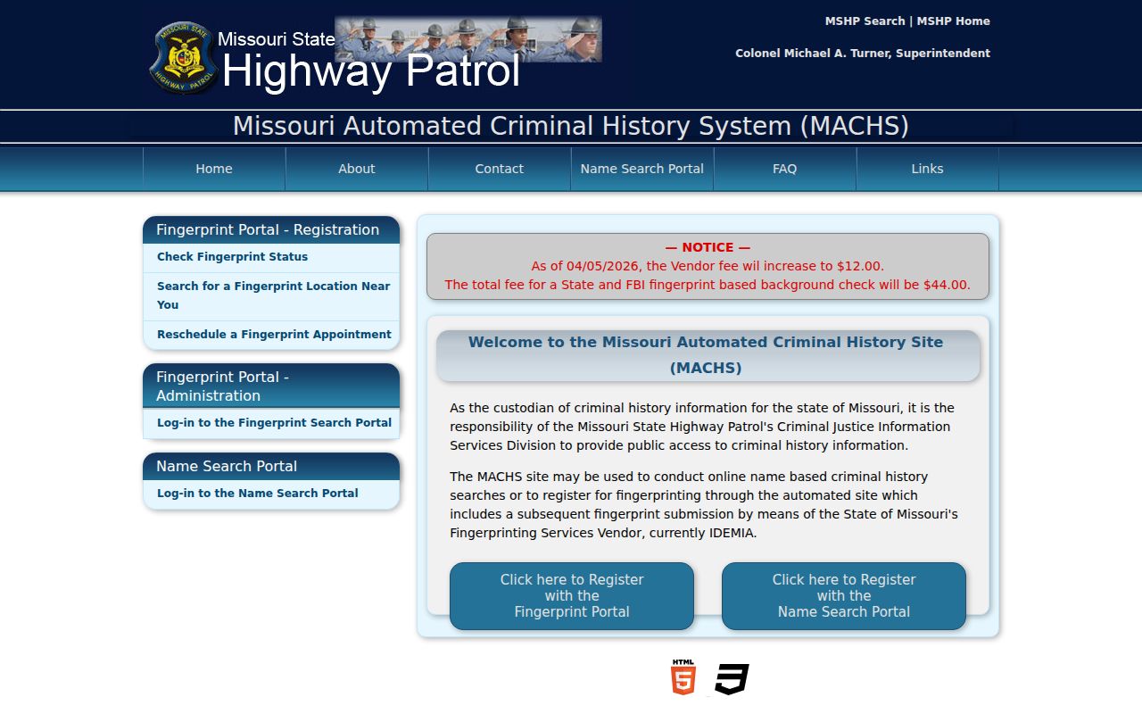 Missouri MACHS criminal history and fingerprint registration gateway