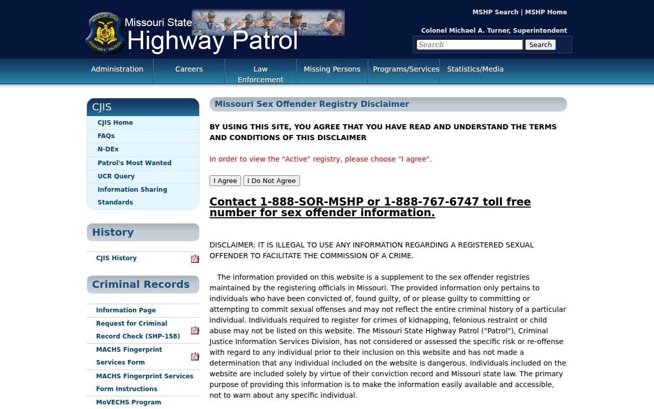MSHP disclaimer shown before an Ozark County sex offender registry search
