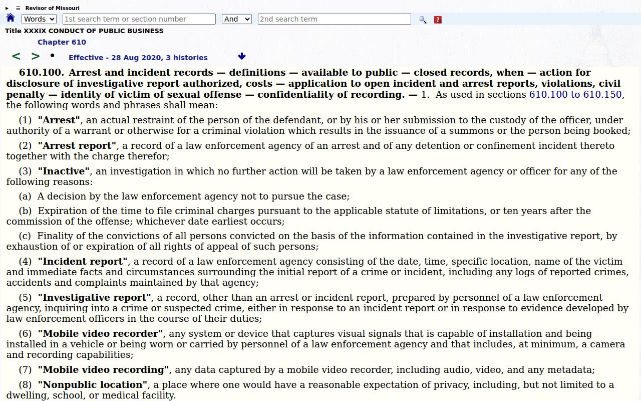 Missouri arrest-report access law for Ozark County arrest records