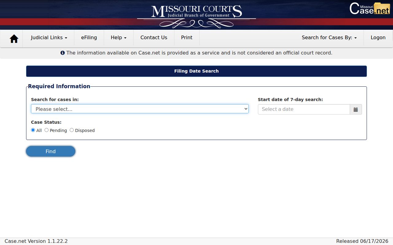 Ozark County court case filing-date search in Missouri Case.net